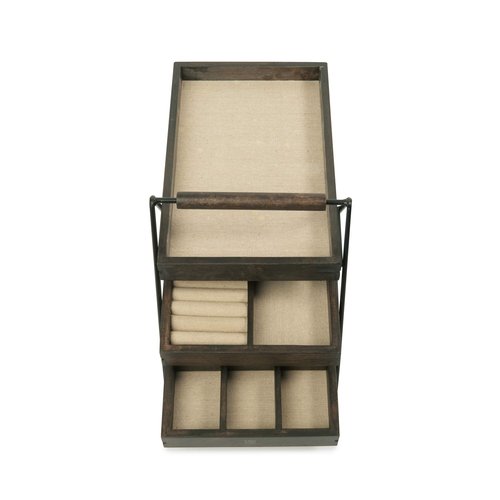 Umbra 1004037-048 Terrace Jewelry Tray – Three-Tier Jewelry Tray With Three Sliding Linen Lined Wood Trays With Metal Frame and Handle, Easy Storage and Access, Black/Walnut Finish