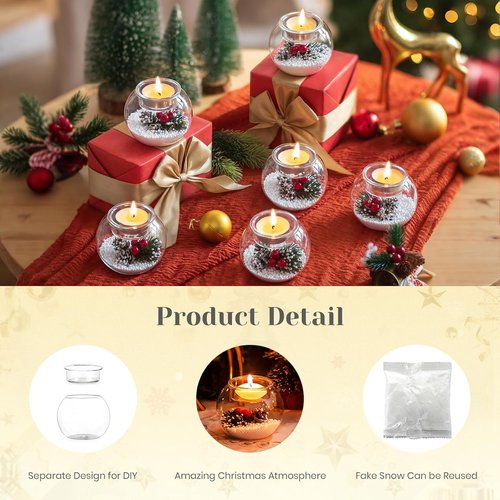Hewory Christmas Tealight Candle Holders - Set of 6 Glass Holders with Red Berry & Pinecone Decor | Holiday Table Centerpieces