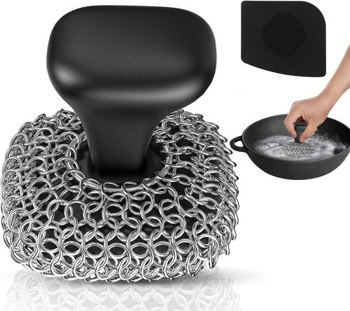 Cast Iron Scrubber - 316 Chainmail Cleaner for Pans & Skillets | Dishwasher Safe, Black