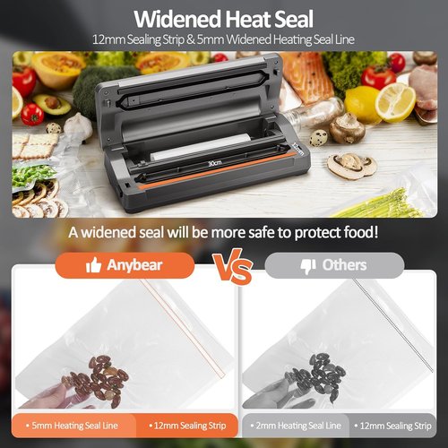 Anybear Vacuum Sealer Machine - 90kPa 120W All-in-One Food Storage with Built-in Cutter | Includes 2 Bag Rolls & 5 Pre-Cut Bags (Gray)