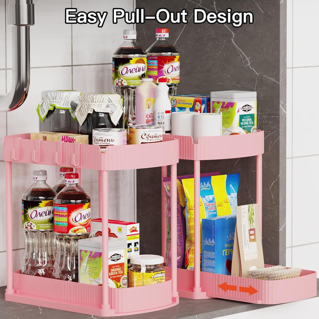 Ukeetap Multi-Purpose Pull-Out Storage Organizers - Under Sink & Cabinet, 12.8 Inch Pink (2 Pack)
