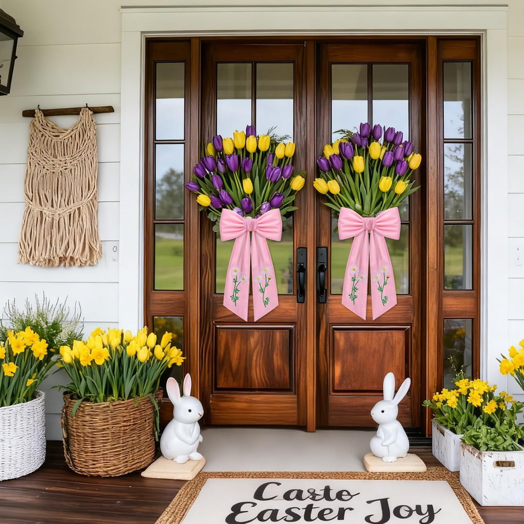 Regine Switzerland 2-Pack Daisy Floral Wreath Sash - Embroidered Spring Ribbon Decor for Front Door (Pink)