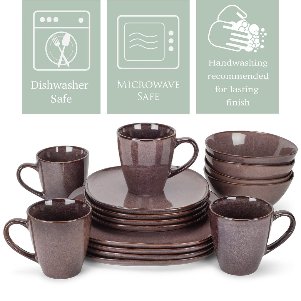 Elanze Designs 16-Piece Modern Luxury Chic Smooth Vintage Handmade Shape High Gloss Ceramic Stoneware Square Plate Mug & Bowl Kitchen Dinnerware 16 Piece Set - Service for 4, Plum Purple