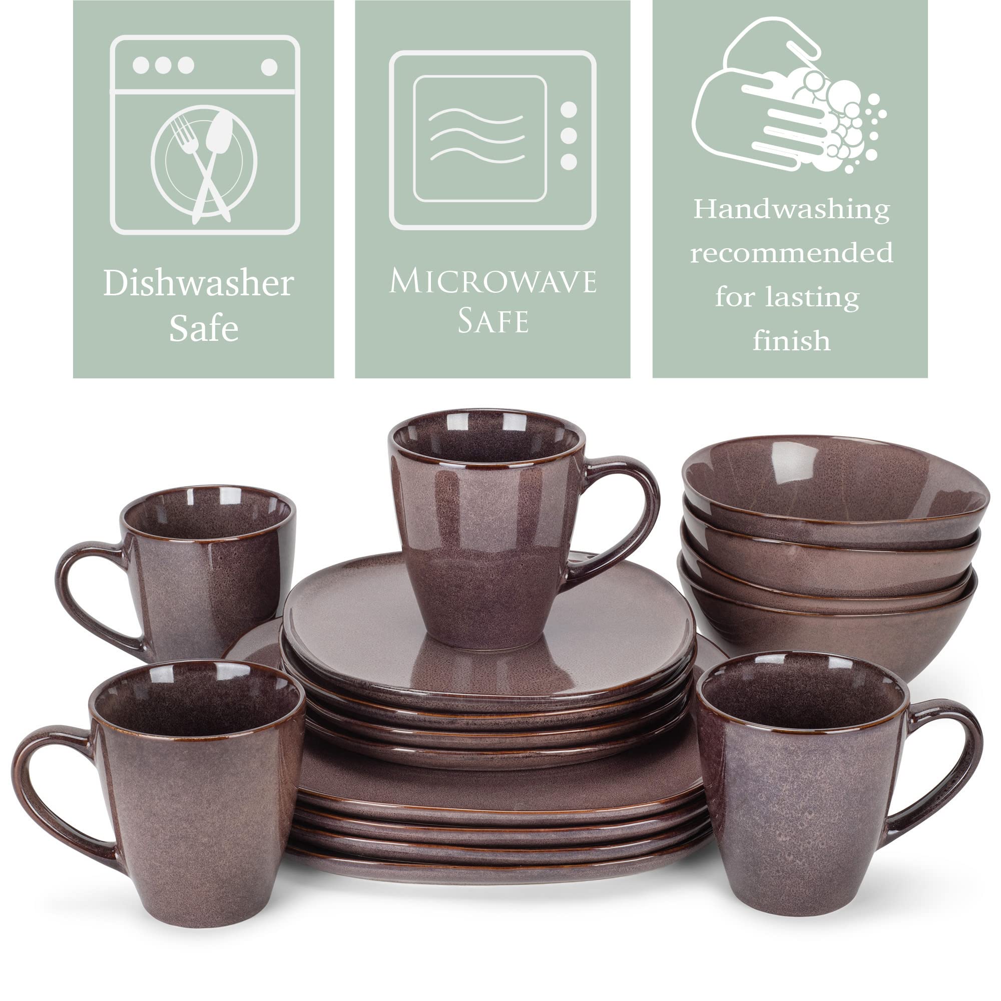 Elanze Designs 16-Piece Modern Luxury Chic Smooth Vintage Handmade Shape High Gloss Ceramic Stoneware Square Plate Mug & Bowl Kitchen Dinnerware 16 Piece Set - Service for 4, Plum Purple