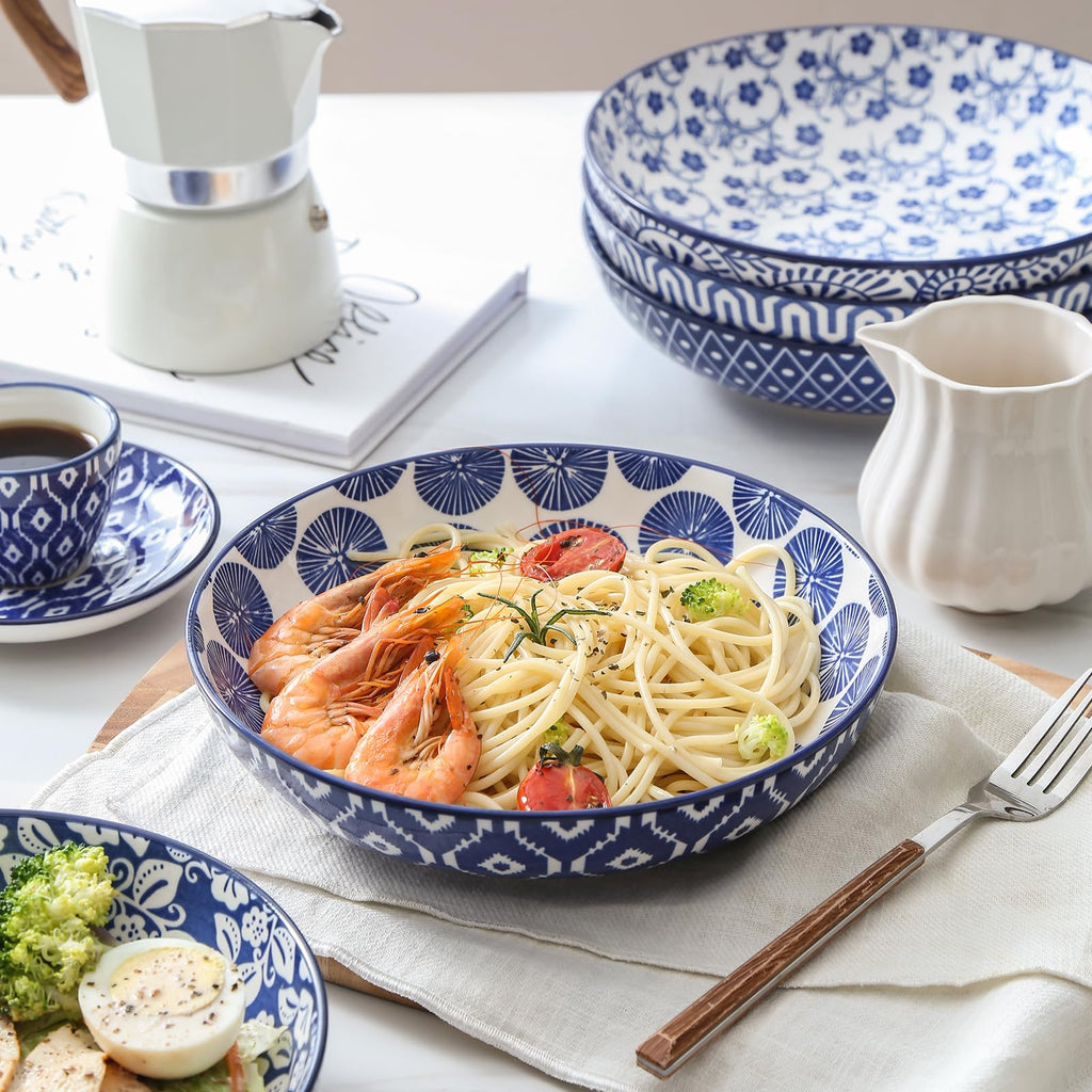 Selamica Ceramic Pasta Bowls Set 34 OZ, Large Salad Bowls 8.6 Inch Dinner Bowls for Kitchen, Wide Shallow Bowls Deep Plates for Pasta Soup, Microwave & Dishwasher Safe, Set of 6, Vintage Blue