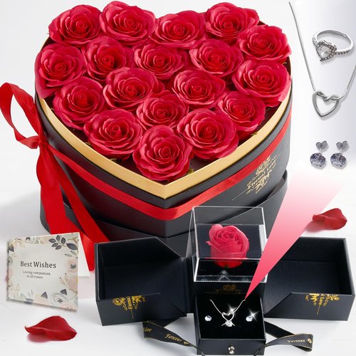 Gifts for Women Artificial Forever Flowers Box & Preserved Roses with Necklace Ring Earrings,Gifts for Her Girlfriend Mom Wife Grandma on Mothers Day Birthday Valentines Christmas Anniversary,Wedding