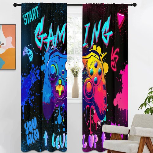 Kikiry Gaming Curtains 42" W x 84" L Graffiti Gamepad for Gamer Boys Kids Teen Colorful Splashed Ink Cute Game Controller Playroom Living Room Bedroom Window Drapes Treatment Fabric 1 Pair