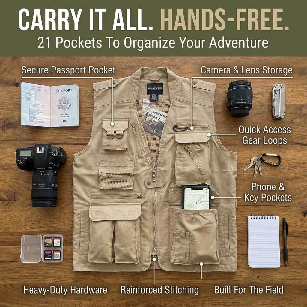 Humvee Photography Utility Vest With 21 Pockets | Perfect for Travel, Safari, Hunting, Camping & More 100% Cotton, Comfortable & Sturdy, Tactical & Safari Jacket | Vest for Men & Women