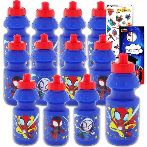 Spidey and Friends Reusable Water Bottles - 12 Piece Bundle of 11oz Bottles with Pull Top Lids Plus More | Spidey & His Amazing Friends Sports Bottles