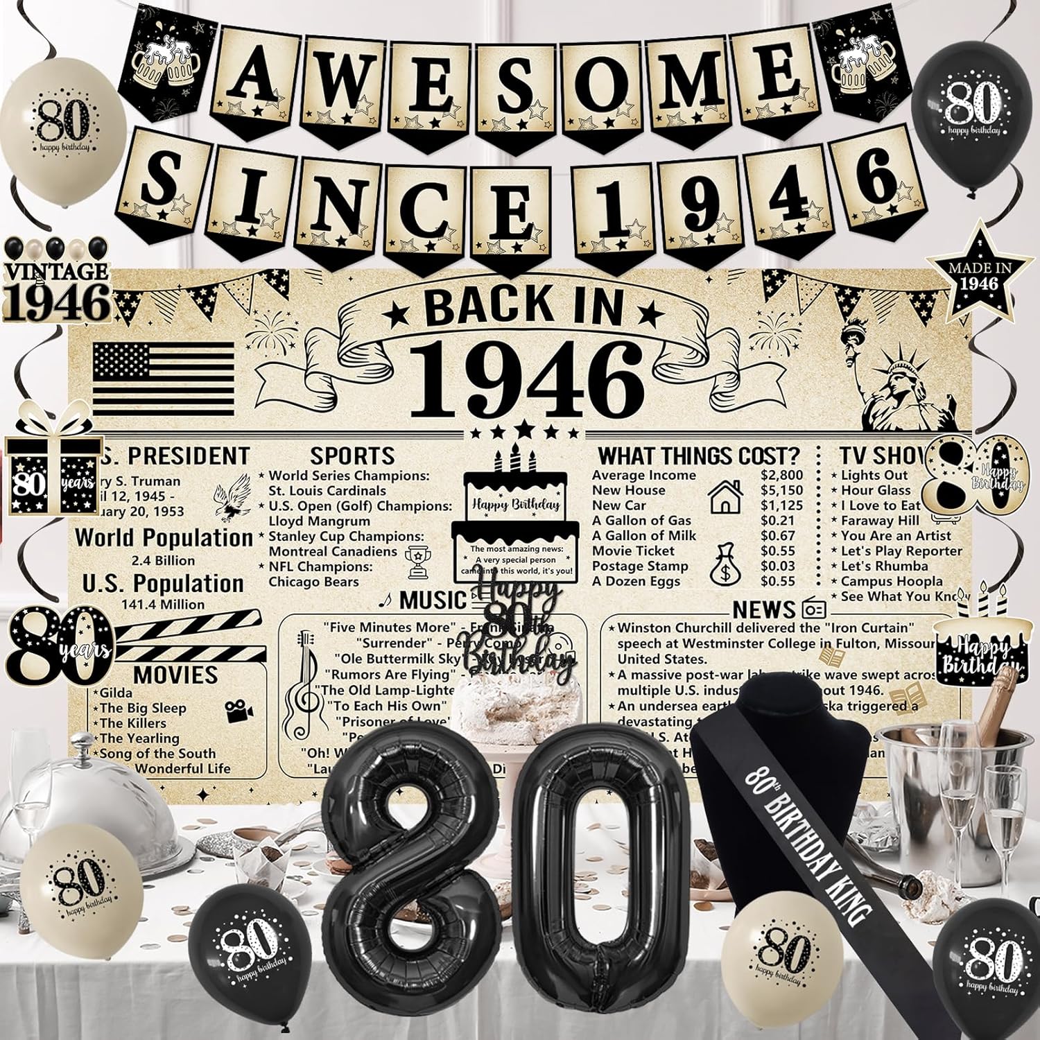 Trgowaul Vintage 80th Birthday Decorations - 1946 Party Supplies, Banner, Sash & Cake Topper Set