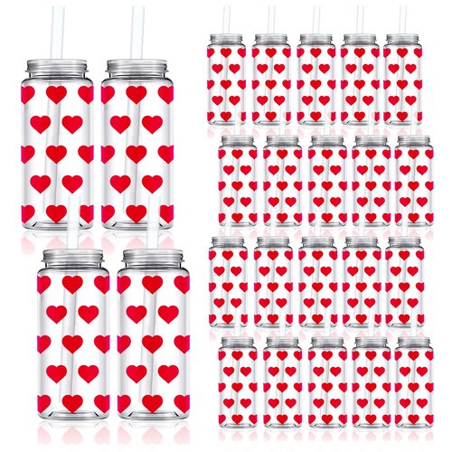 Whaline 20Pcs Valentine's Day Plastic Cups with Lids and Straws Clear Party Drinking Cups Red Heart Reusable Tumblers for Holiday Party Supplies