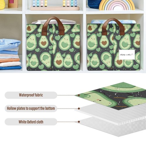 YNNALE Avocado Green Happy Fruit Storage Bins for Shelves with Labels&Handles Fabric Organizer Bin Foldable Rectangle Storage Basket Boxes for Closet, Bathroom, Home, Living Room, 2 Pack