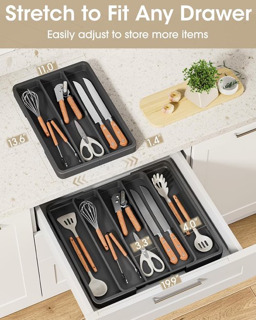Aujen Silverware Organizer - Expandable Utensil Tray for Kitchen Drawers | Adjustable Cutlery Storage, Black, X-Large