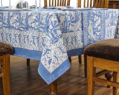 72x118 Inches Rectangle Hand Block Printed Cotton Tablecloth, White Blue Floral Table Cloths Washable, Indian Table Linen for Valentine Thanksgiving Gifts Home Decor Dinning Outdoor