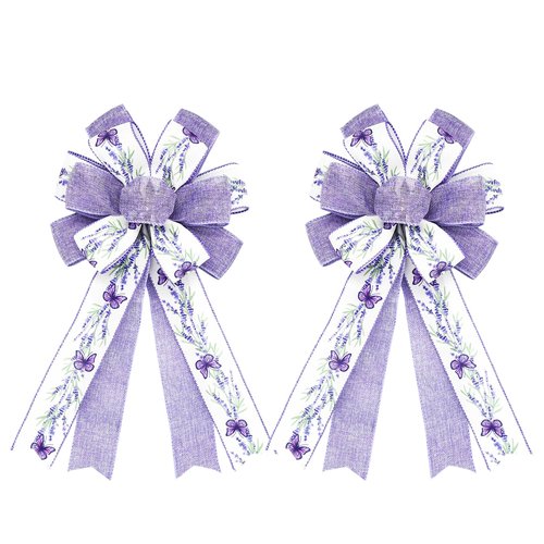 Craflox Spring Summer Lavender Bow Decorations, 2 Pcs Lavender Butterfly Bows for Wreaths, Spring Summer Purple Bow Ornaments for Tree, Spring Tree Topper Bows
