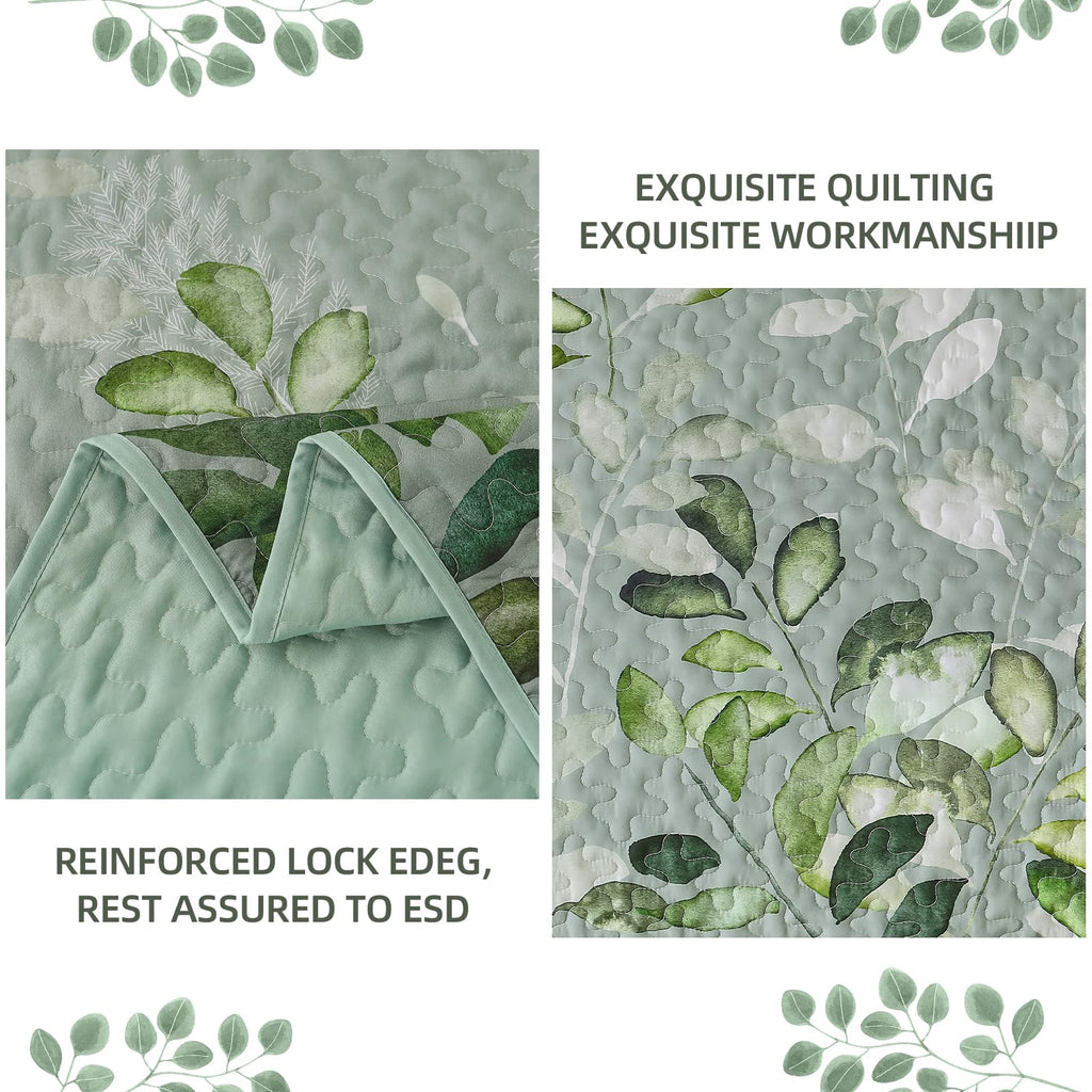 WONGS BEDDING Green Quilt Set King Size,3 Pieces Green Floral Bedspread Coverlet Set, Soft Microfiber Lightweight Floral Bedding Set King 104"×90"