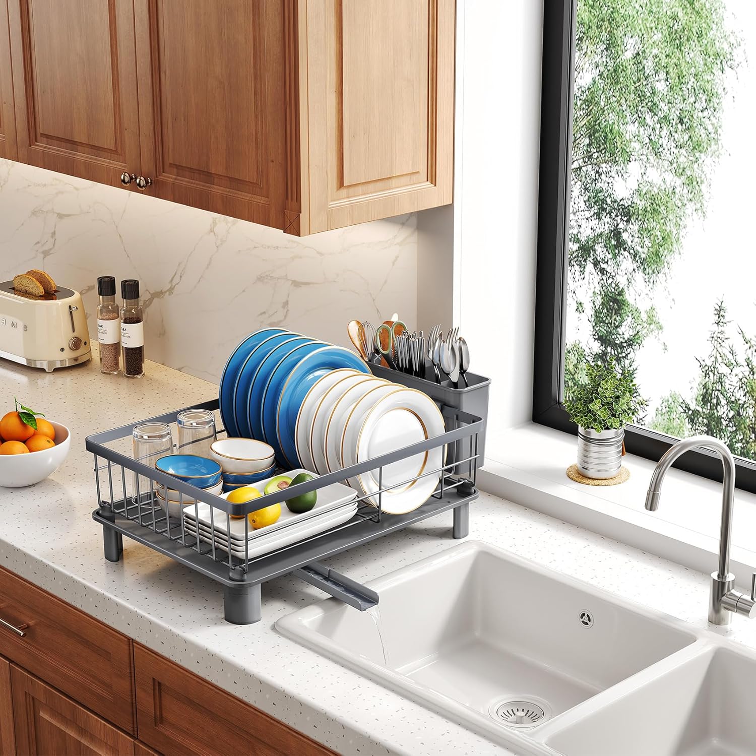 SNTD Dish Drying Rack - Stainless Steel Kitchen Dish Drainer with Utensil Holder | 11" W x 15" L (Grey)