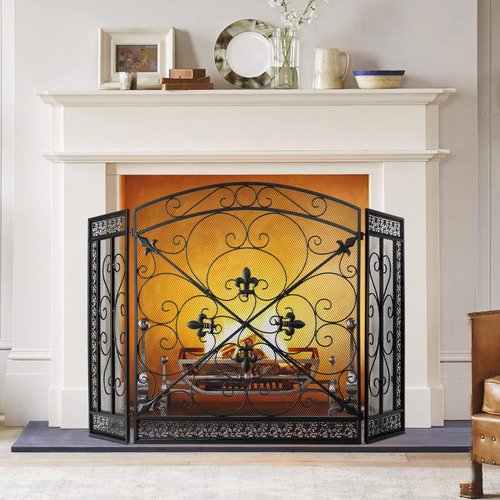 BEAMNOVA Black Decorative Fireplace Screen, 52.4 x 30.7 in, Heraldic Lily, 3-Panel Freestanding Folding Spark Guard Mesh, Heavy-Duty Fire Screen for Indoor Fireplaces Outdoor Fire Pits