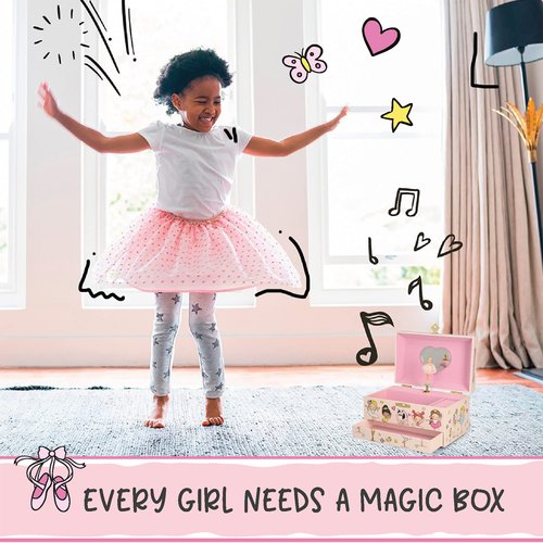 Furry Smile Ballerina Musical Jewelry Box for Girls - Glow In The Dark - Organizer with Heart Necklace and Bracelet Set - Cute Ballerina Music Box for Little Girls