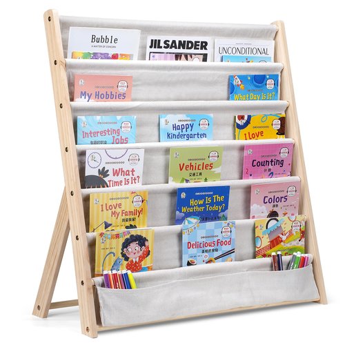 Hggzeg Wooden Bookshelf for Kids, 6 Tier Kids Bookcase Storage Display Rack with Fabric Storage Pockets, Easy Access Magazine Rack, for Children’s Bedroom and Playroom (Beige)