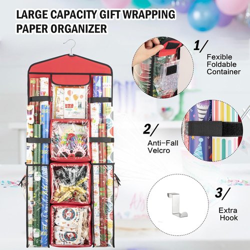 Christmas Wrapping Paper Organizer - Double-Sided Storage for Gift Bags & Wrapping Paper | Red