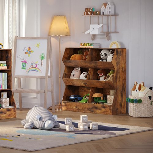 DINZI LVJ Toy Storage Organizer, Kids Bookshelf, Wooden Toy Storage Cabinet, 6 Cubby Children Bookcase, 35.4" L Toddler Book Shelf for Playroom, Living Room, Nursery, Hallway, School, Rustic Brown