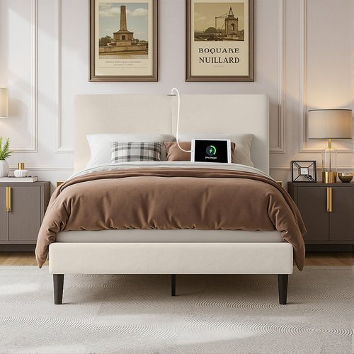 VECELO Twin Bed Frame with Type-C & USB Ports, Upholstered Platform Height-Adjustable Cotton and Linen Headboard, No Box Spring Needed, Noise-Free, Easy Assembly, Beige