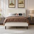 VECELO Twin Bed Frame with Type-C & USB Ports, Upholstered Platform Height-Adjustable Cotton and Linen Headboard, No Box Spring Needed, Noise-Free, Easy Assembly, Beige