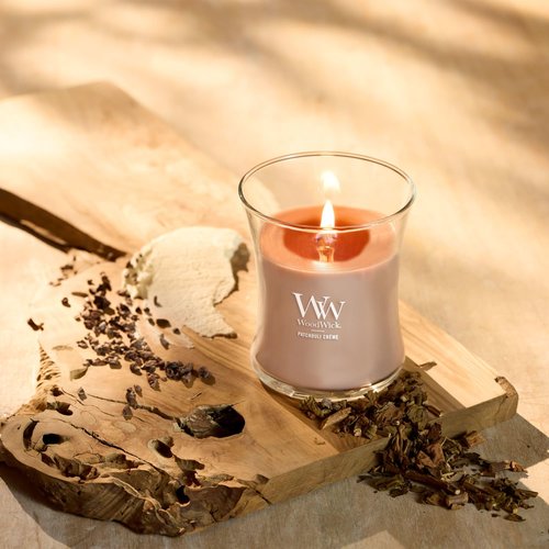 WoodWick Patchouli Crème Gifts for Women and Men, 9.7 oz Medium Hourglass Candle with Crackling Wick