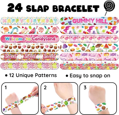 Candyland | 60 PCS Party Favors Set - 36 Temporary Tattoos & 24 Slap Bracelets for Kids, Ideal for Baby Showers & Birthday Parties