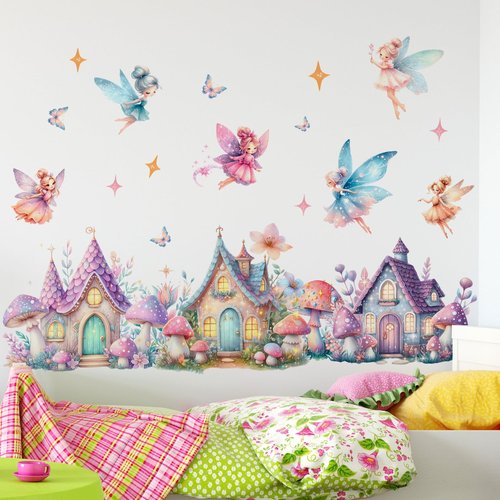 Amaonm Cartoon Princess Butterfly Girls Room Wall Decal Flower Angel with Rainbow Castles Wall Sticker DIY Peel and Stick Mushroom Wall Decor for Home Nursery Bedroom Bathroom (A)