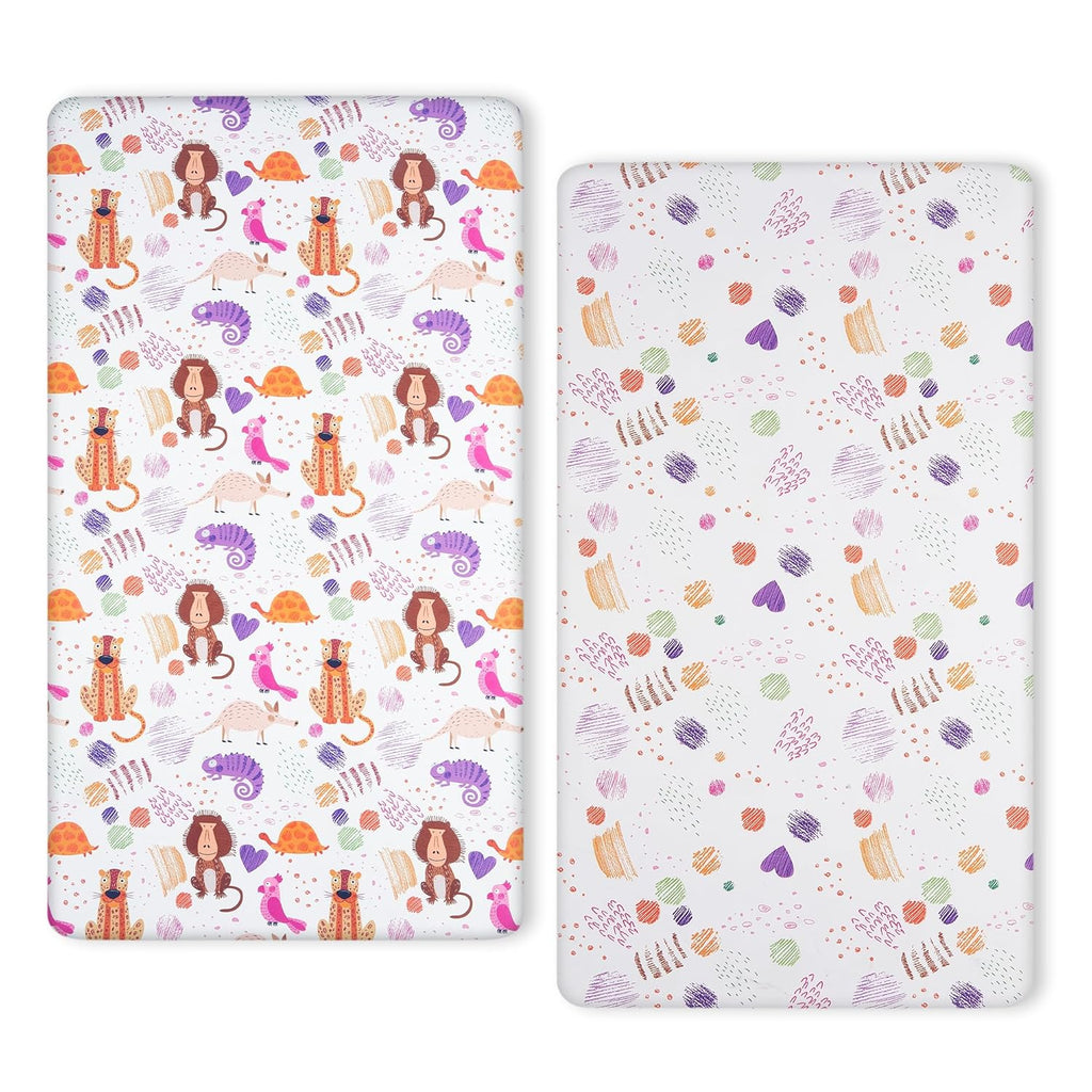 TILLYOU Baby Crib Sheets - Super Soft Toddler Bed Sheets, 2-Pack for Standard Crib Mattress 28x52in | Animal Graffiti