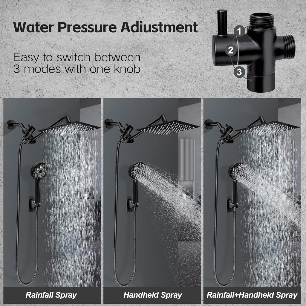 Skiennix 10” Rain Shower Head - High Pressure Handheld Spray Combo with Adjustable Arm | Matte Black