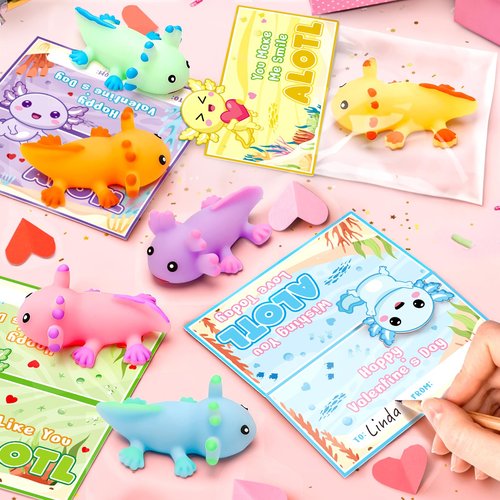 Jumlys Valentines Day Cards for Kids School, 24 Packs Cute Axolotl Squeeze Toys, Valentine Day Party Favors for Boys Girls, Ideal Exchange Cards for Classroom