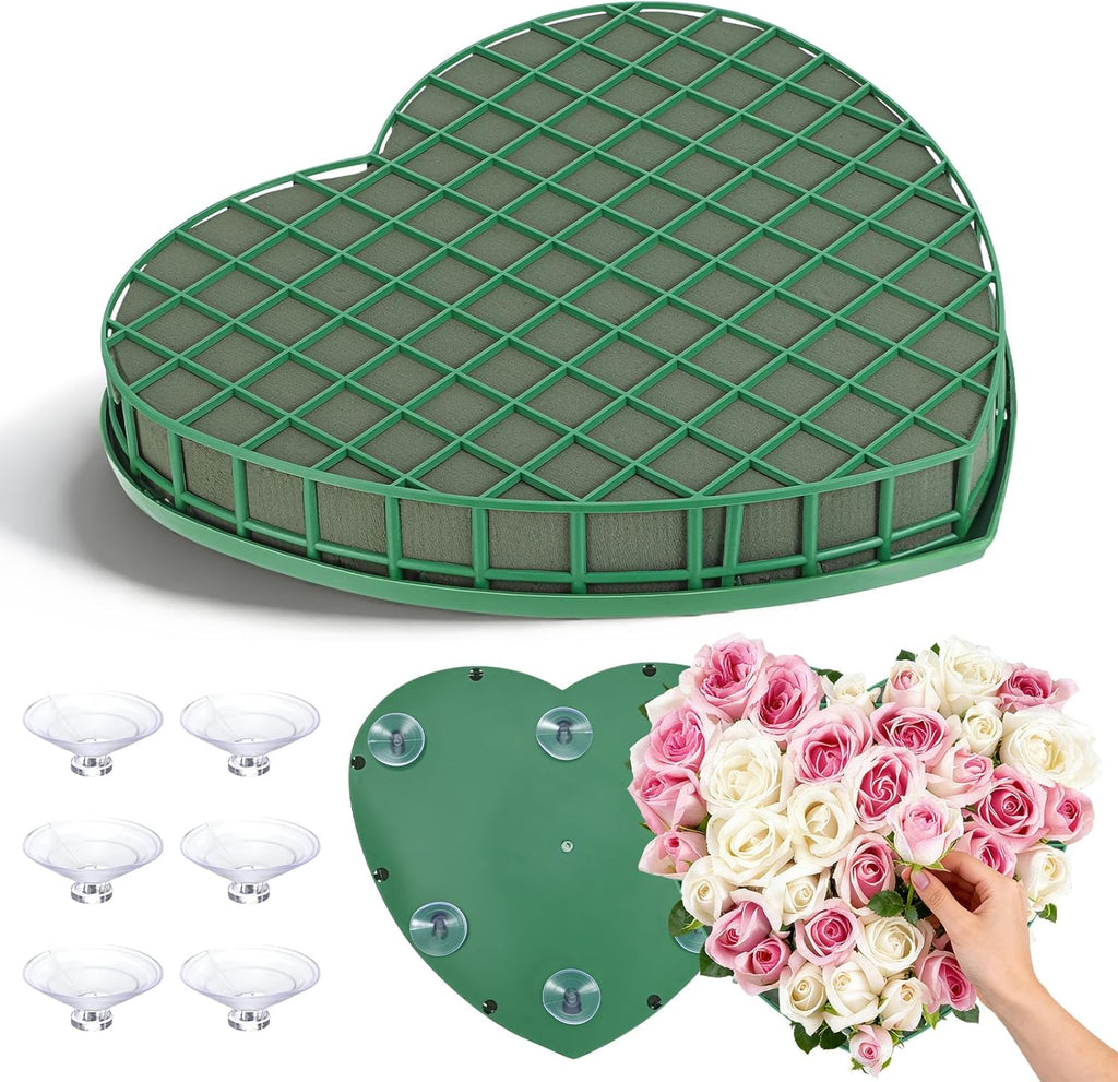 STOBOK Floral Foam Hearts - Heart-Shaped Floral Foam Cage with 5 Suction Cups for Fresh & Artificial Flowers | Green, 12.2 x 11.4 in