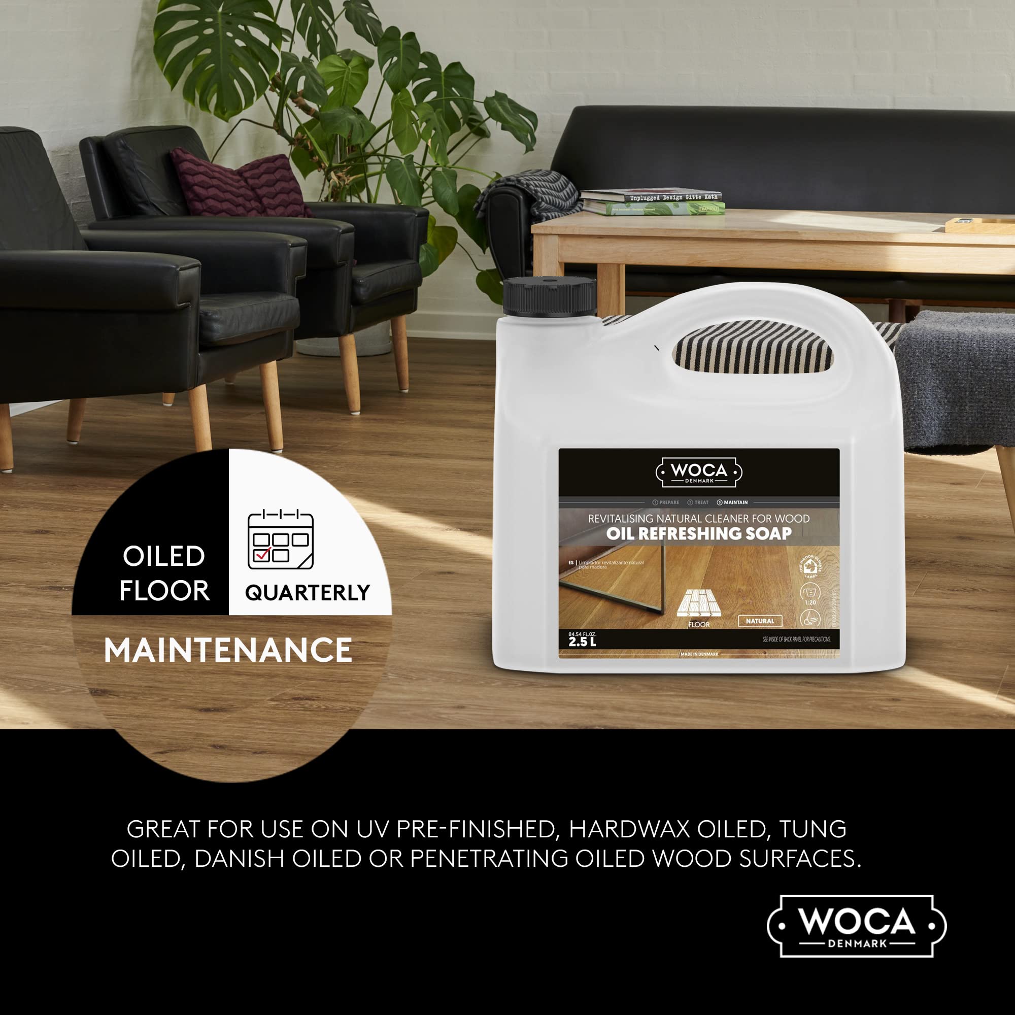 WOCA Denmark Oil Refreshing Soap Natural 1L – Oiled Wood Floor Cleaner & Rejuvenator, Plant-Based, Low VOC, Maintains Matte Finish
