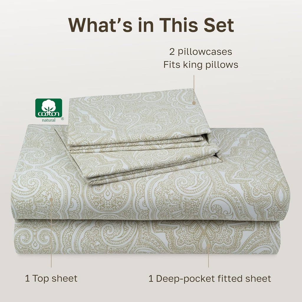 California Design Den King Size Cotton Sheets Set - 100% Soft Cotton, 400 TC, Award-Winning Sateen Finish, Paisley Beige