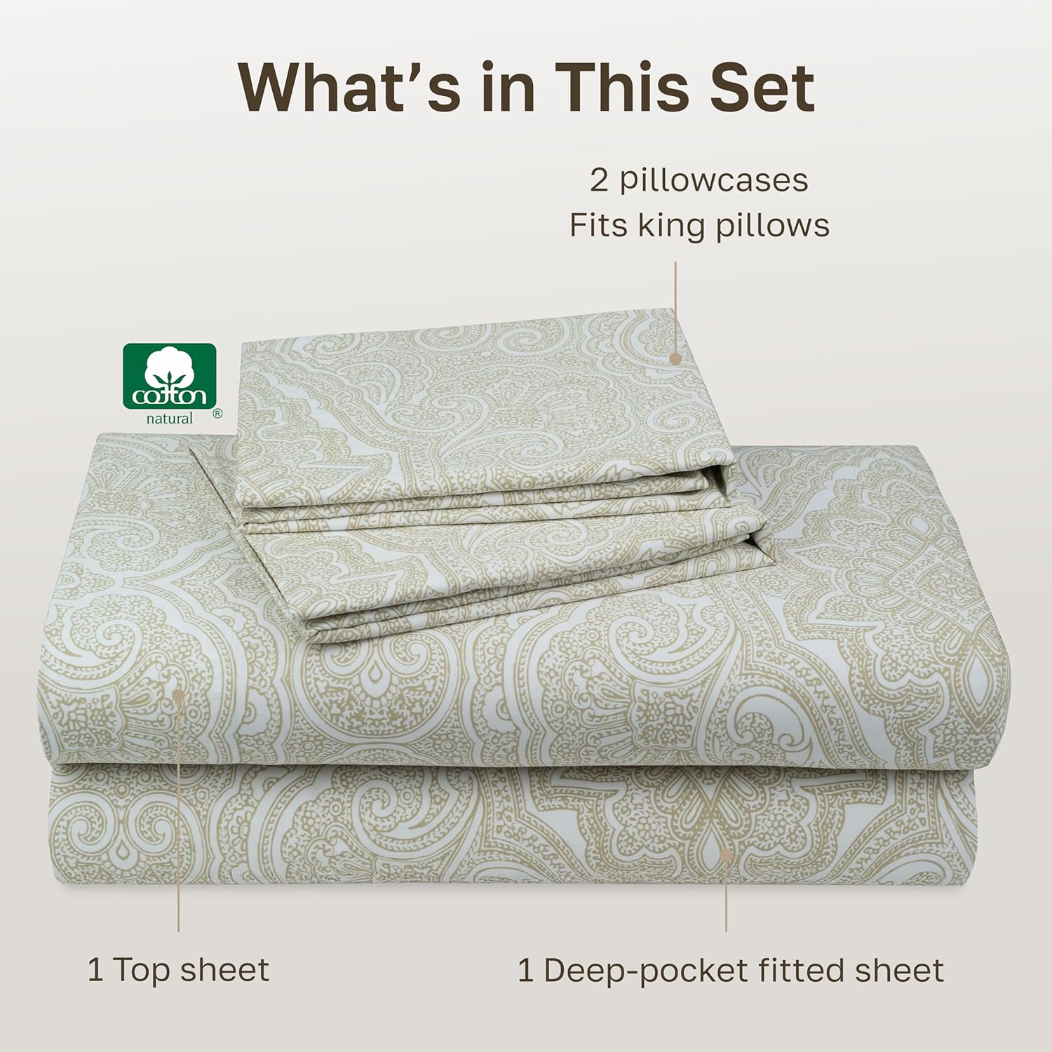 California Design Den King Size Cotton Sheets Set - 100% Soft Cotton, 400 TC, Award-Winning Sateen Finish, Paisley Beige