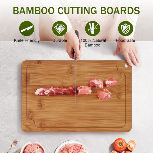 Bamboo Cutting Boards - Set of 3 with Juice Grooves & Built-in Handles | Ideal for Meat, Vegetables, Fruits