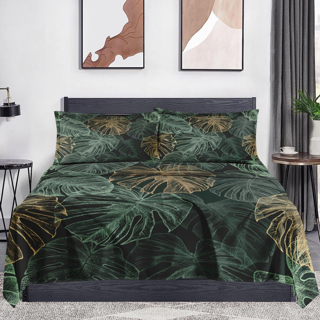 WeCozy Queen Size Bed Sheet Sets with Pillowcases, Green Golden Tropical 4 Pcs Soft Microfiber Bedding for Kids and Adults, Leaves Monstera Palm Flat, Fitted Sheet for Bedroom Bed Decor