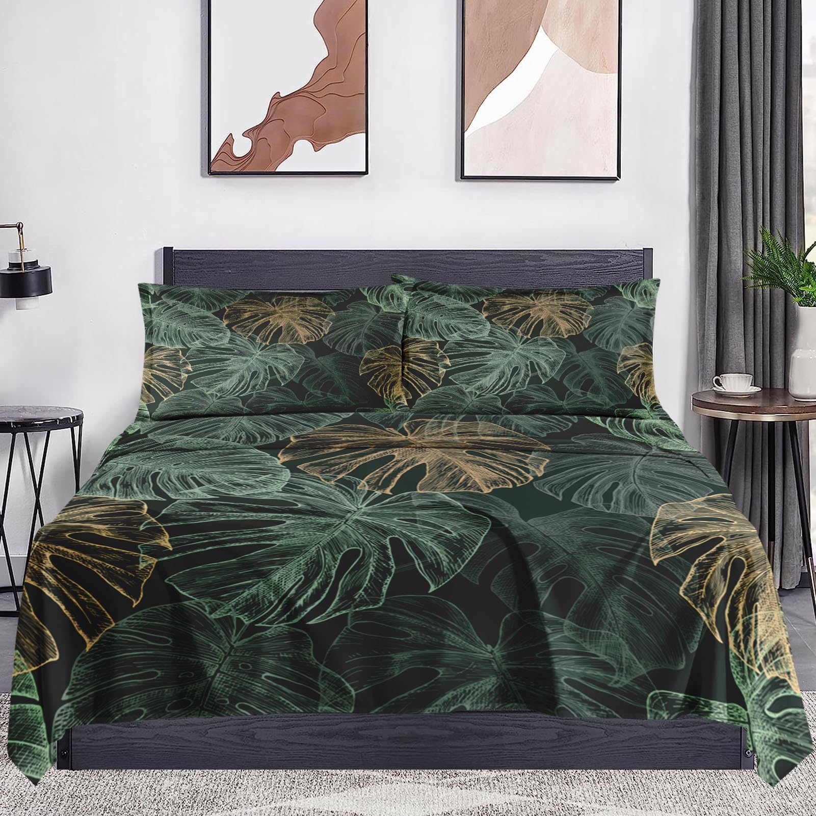 WeCozy Queen Size Bed Sheet Sets with Pillowcases, Green Golden Tropical 4 Pcs Soft Microfiber Bedding for Kids and Adults, Leaves Monstera Palm Flat, Fitted Sheet for Bedroom Bed Decor