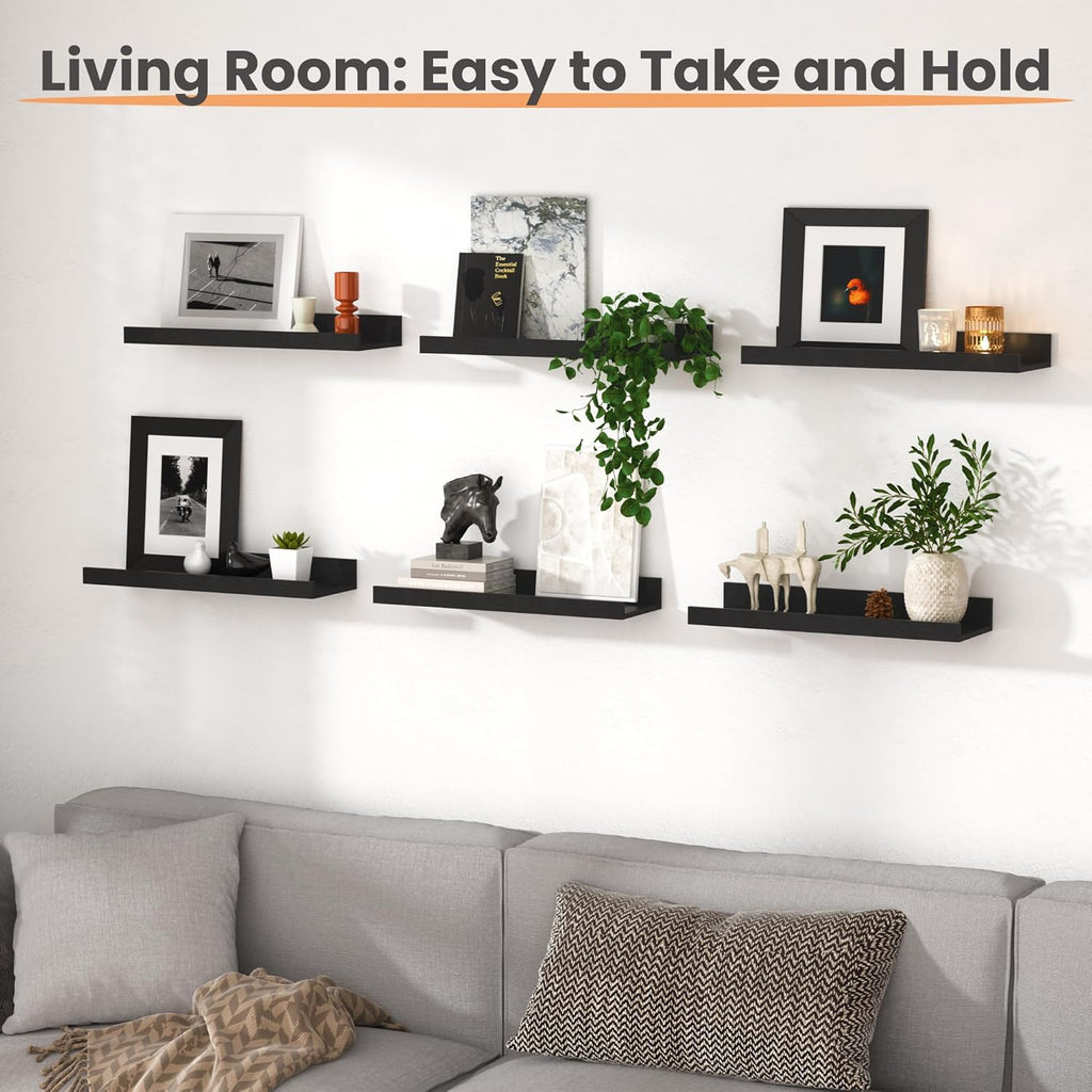 Upsimples Floating Wall Shelves - Set of 6 Decorative Wood Shelves for Bedroom, Living Room, Kitchen | Black