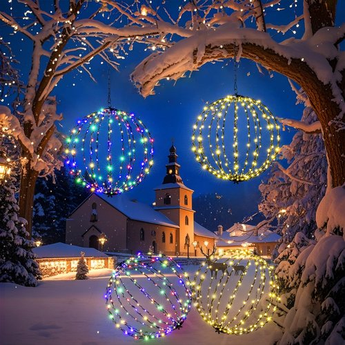 176 LED 13” Outdoor Christmas Light Balls, Solar Hanging Lighted Sphere Balls Lights, Prelit Fold Large Rechargeable Waterproof, Globe Light Ball for Outside Indoor Tree Eave Garden Decorations -2pack