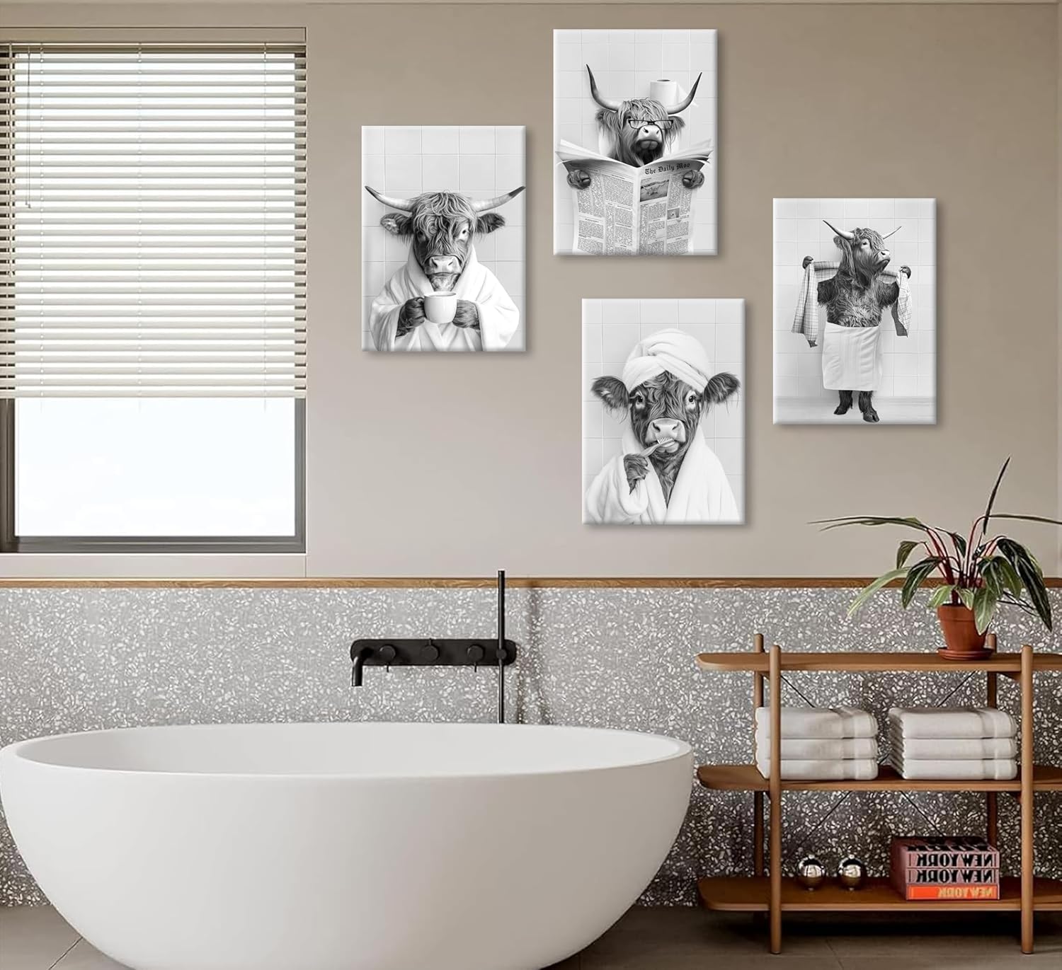 Skiennix Funny Highland Cow Bathroom Wall Art - Rustic Farmhouse Prints Set of 4 | Black & White Decor