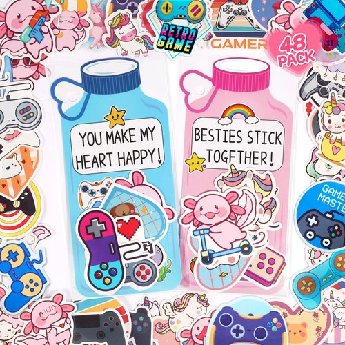 48 Packs Valentines Cards for Kids Classroom, Water Bottle Card with 200 Pcs Assorted Stickers, Valentines Day Exchange Gifts for Kids, Ideal Cards for Boys & Girls, Valentine’s School Prize