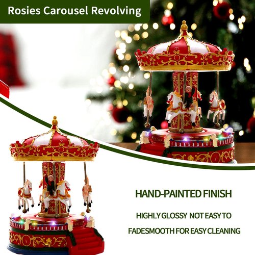 Christmas Carousel Figurines Decoration Christmas Village House Musical Carousel with 6 Moving Horses Go Round, 8 Pieces of Music Snow Globe, Music Box for Girl and Boy Kids (Carouel)