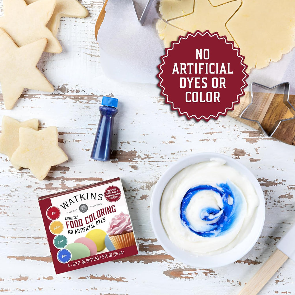 Watkins Food Coloring Set - Assorted Red, Yellow, Green, Blue | 4 x 0.3 oz Bottles