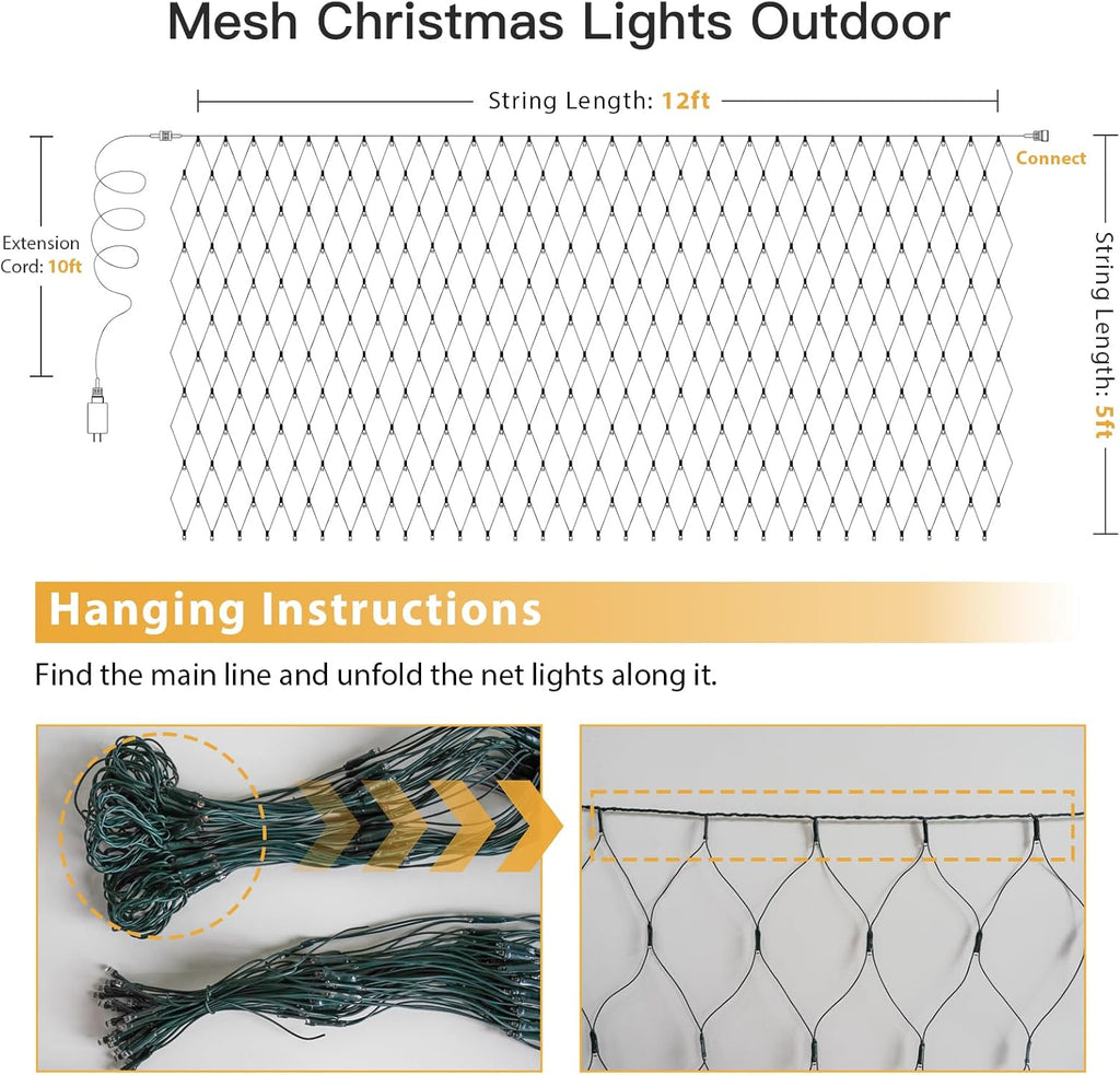 Suddus 360 LED Christmas Net Lights - Waterproof Connectable Green Wire | 12ft x 5ft Warm White Bush Lights