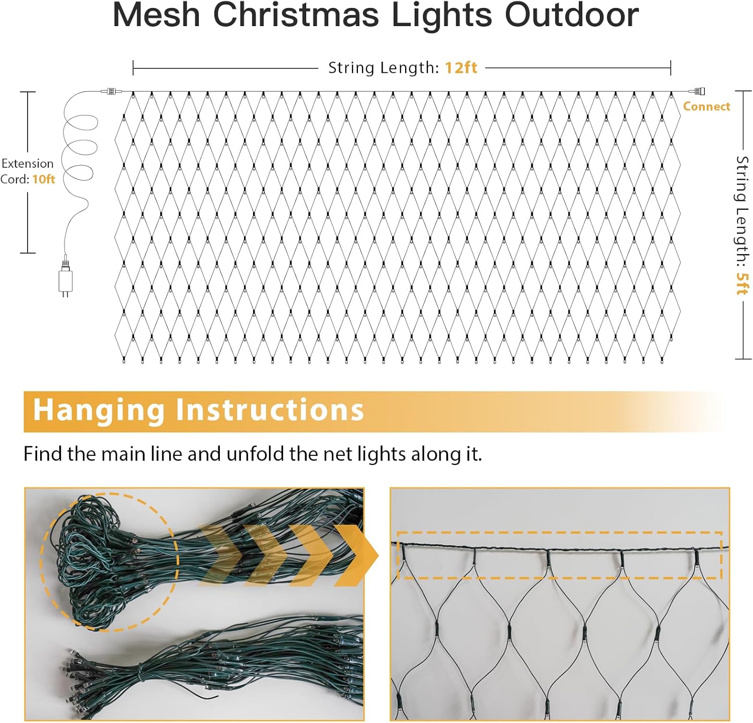 Suddus 360 LED Christmas Net Lights - Waterproof Connectable Green Wire | 12ft x 5ft Warm White Bush Lights