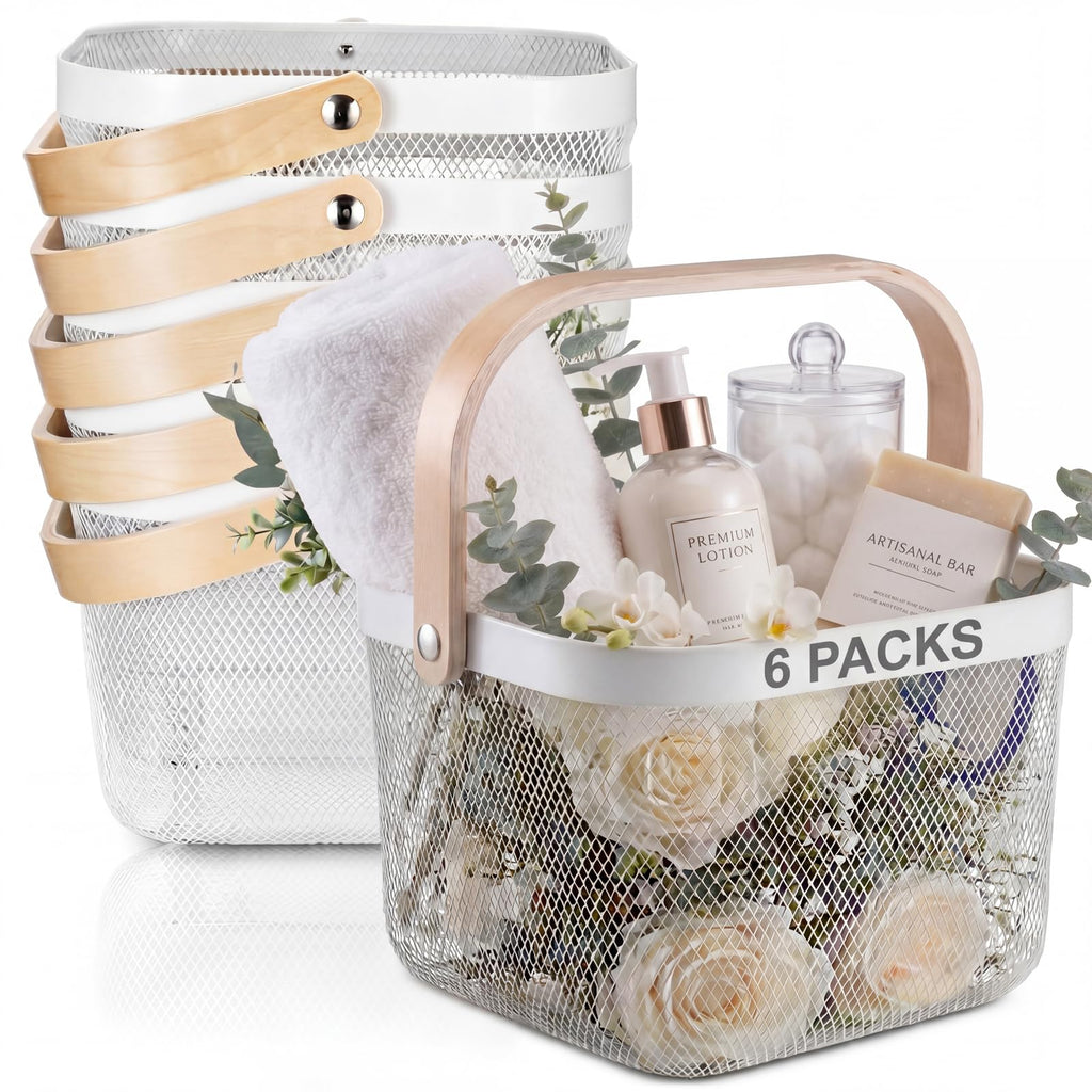 Roshtia White Metal Wire Storage Basket with Wooden Handle, Decorative Farmhouse Organizer Bin for Bathroom Counter, Pantry Shelf, Kitchen Storage, Gift Basket for Spa, Baby Shower, Wedding, 9.65 Inch